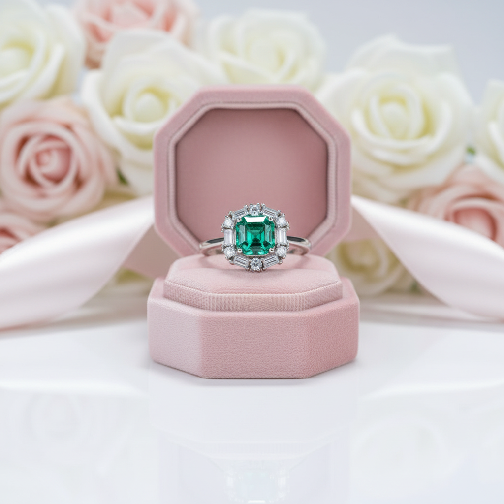 Asscher Cut Emerald Green Diamond Option Engagement Ring-Black Diamonds New York