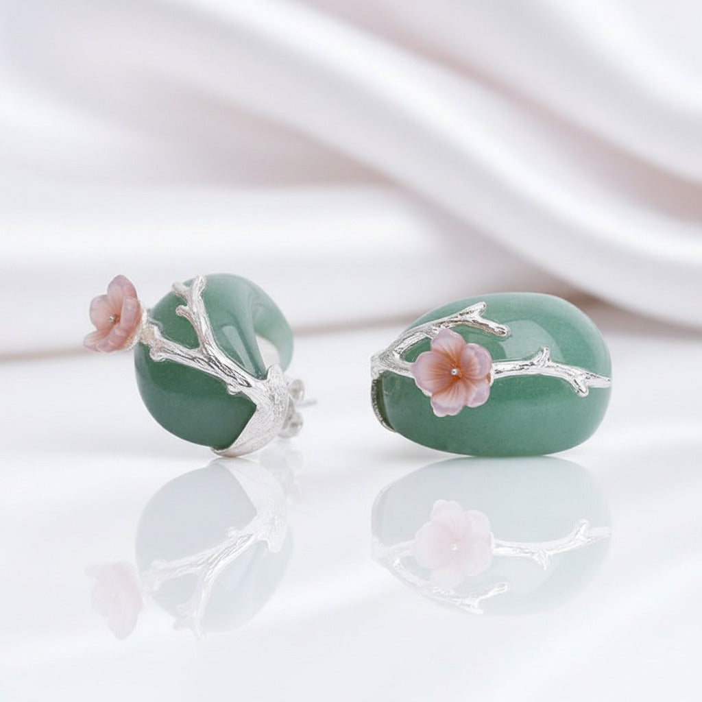 Aventurine Plum Flower Stud Earrings-Black Diamonds New York