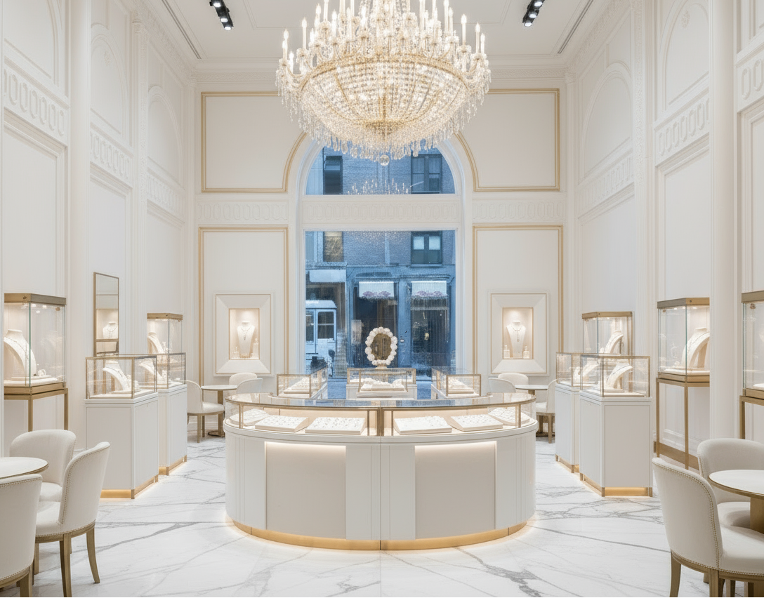 Luxurious jewelry store interior with a chandelier and display cases.