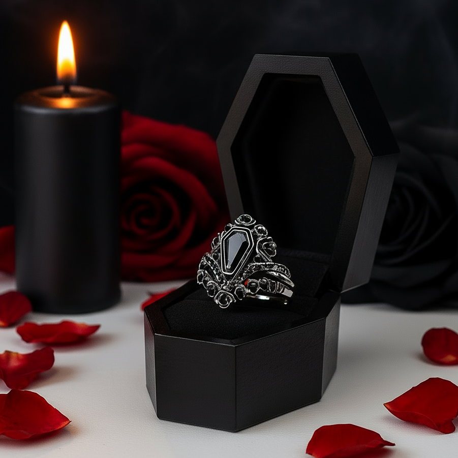 Gothic Romance Wedding Rings- Coffin Cut Diamond with Black Roses in 14k White Gold Band with Thorns-Black Diamonds New York