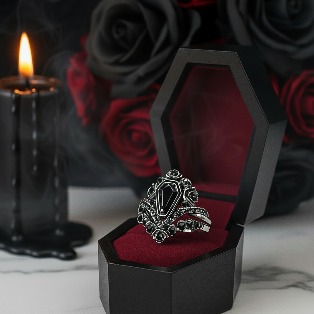 Gothic Romance Wedding Rings- Coffin Cut Diamond Option with Black Roses in 14k White Gold Band with Thorns-Black Diamonds New York