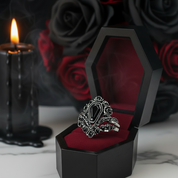 Gothic Romance Wedding Rings- Coffin Cut Diamond with Black Roses in 14k White Gold Band with Thorns-Black Diamonds New York