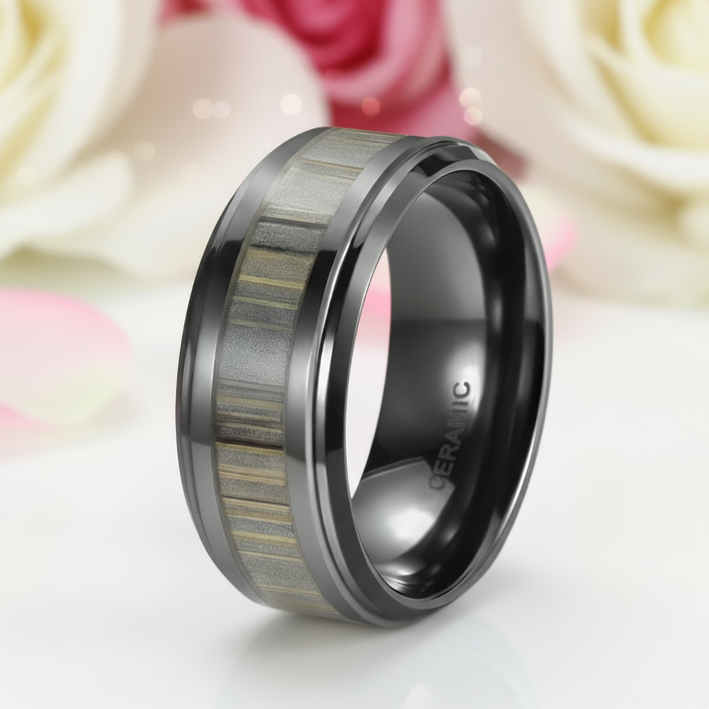 Bamboo Forest Men's Ceramic Wedding Band-Black Diamonds New York