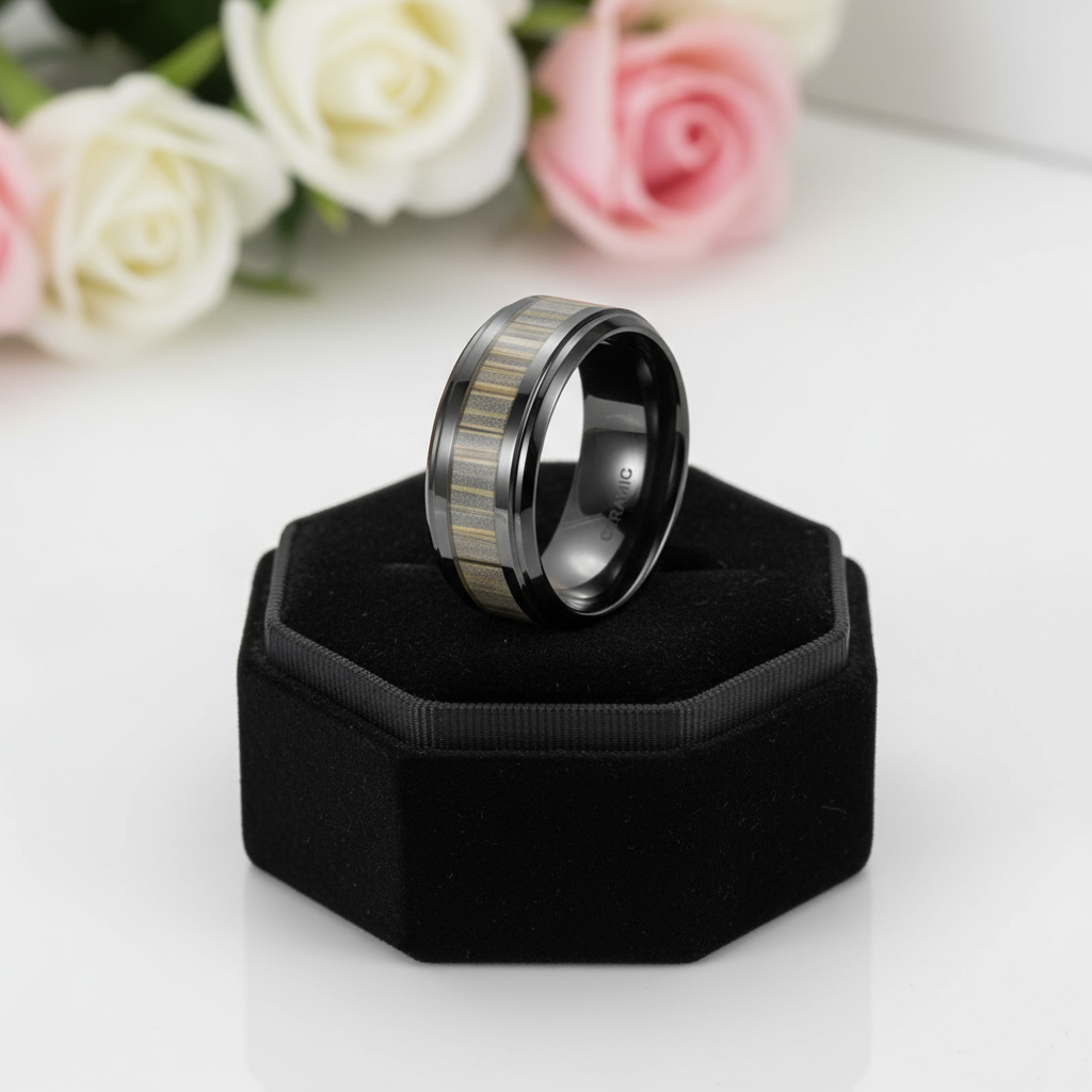 Bamboo Forest Men's Ceramic Wedding Band-Black Diamonds New York