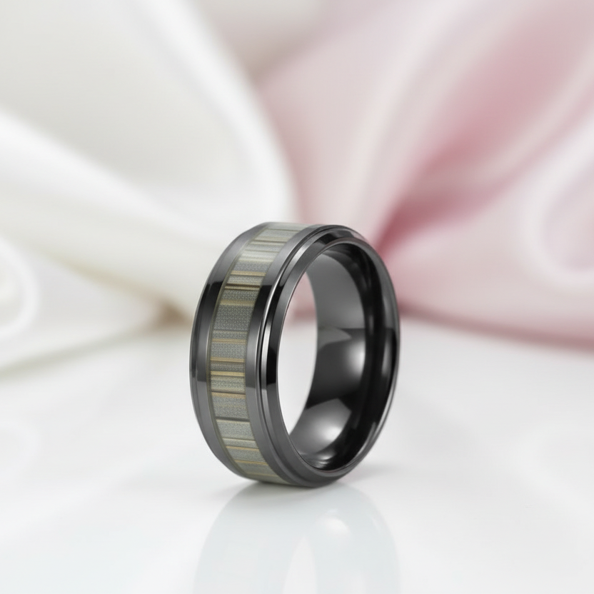 Bamboo Forest Men's Ceramic Wedding Band-Black Diamonds New York