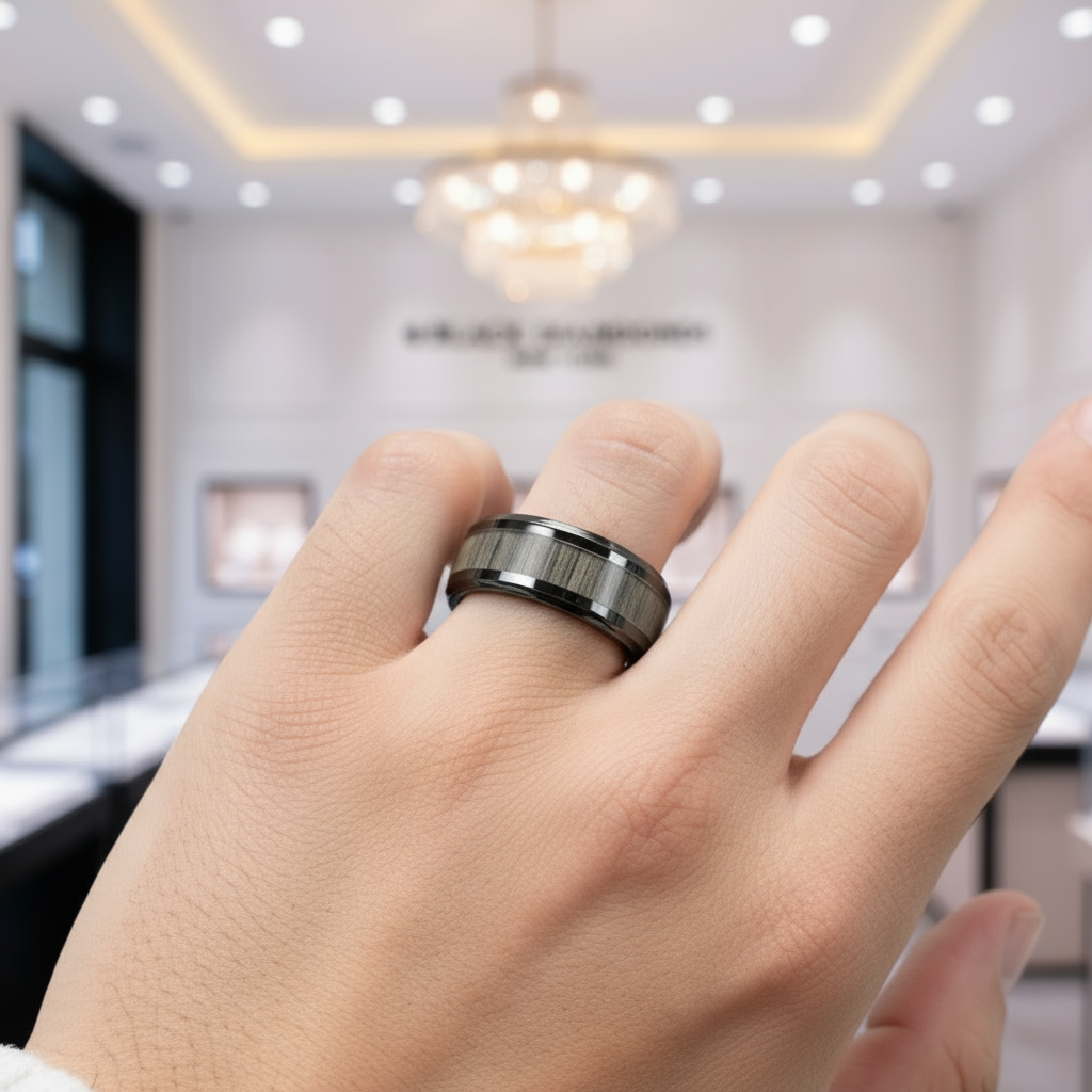 Bamboo Forest Men's Ceramic Wedding Band-Black Diamonds New York