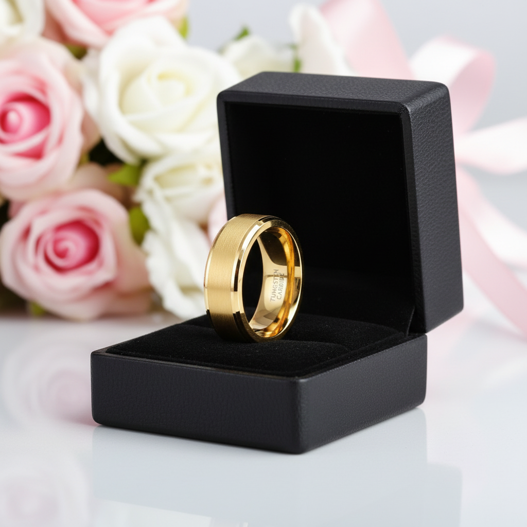 Gold Tungsten Carbide Men's Wedding Band-Black Diamonds New York