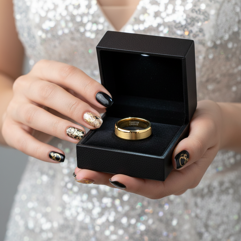 Gold Tungsten Carbide Men's Wedding Band-Black Diamonds New York