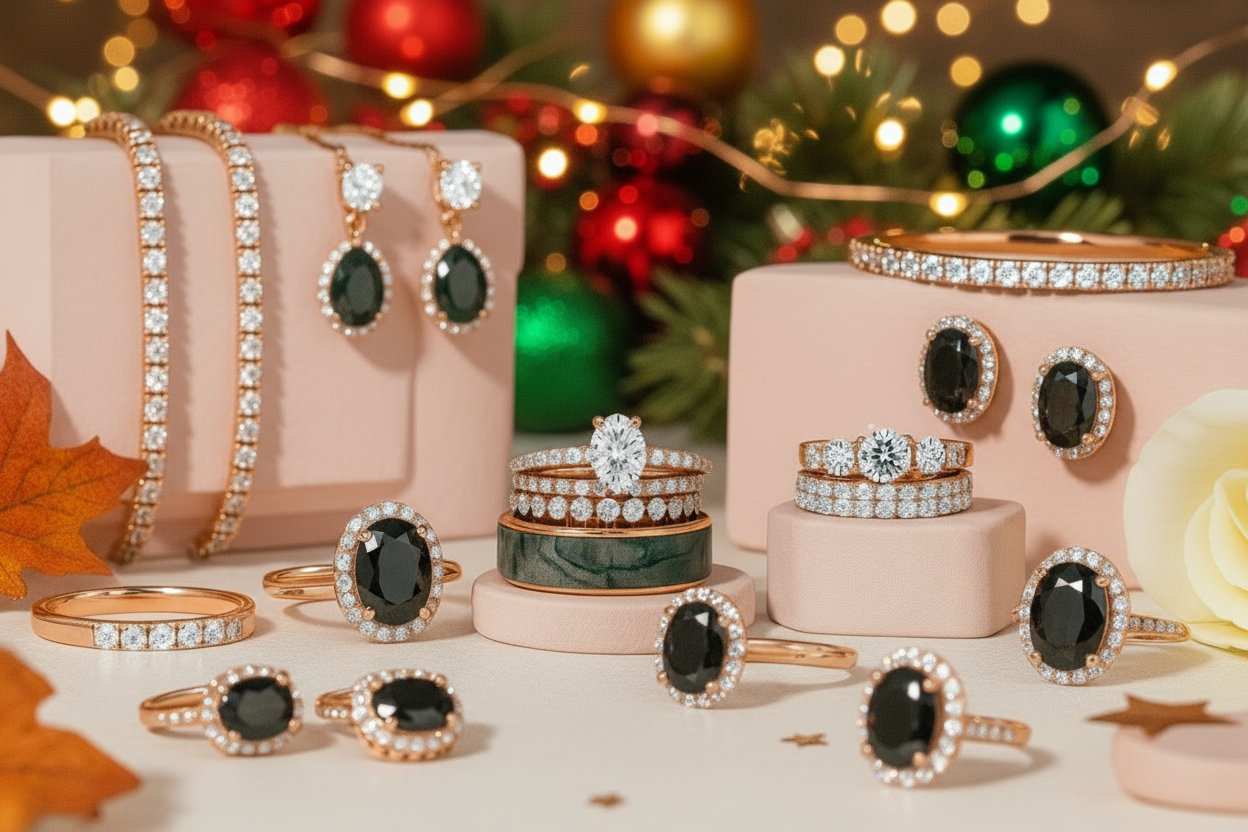 Collection of diamond and gemstone jewelry on a festive background with Christmas decorations.