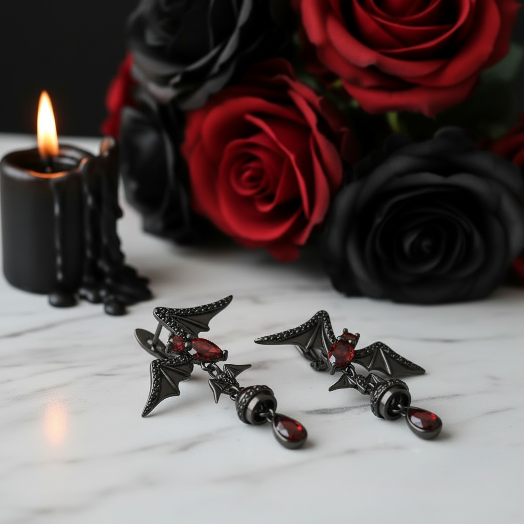 Bat Shaped Garnet Vintage Gothic Punk Earrings-Black Diamonds New York