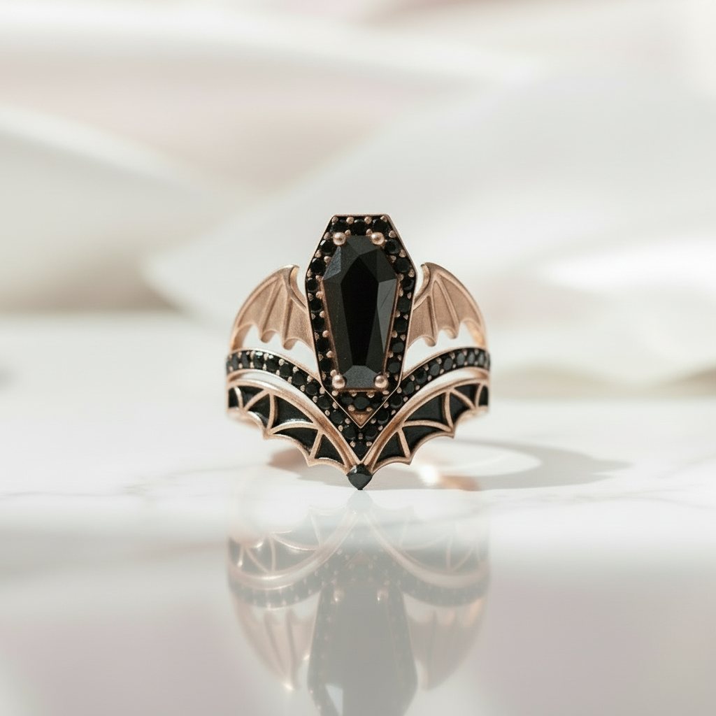 Wings Of Eternity- Coffin Cut Diamond Bat Wings Wedding Rings-Black Diamonds New York