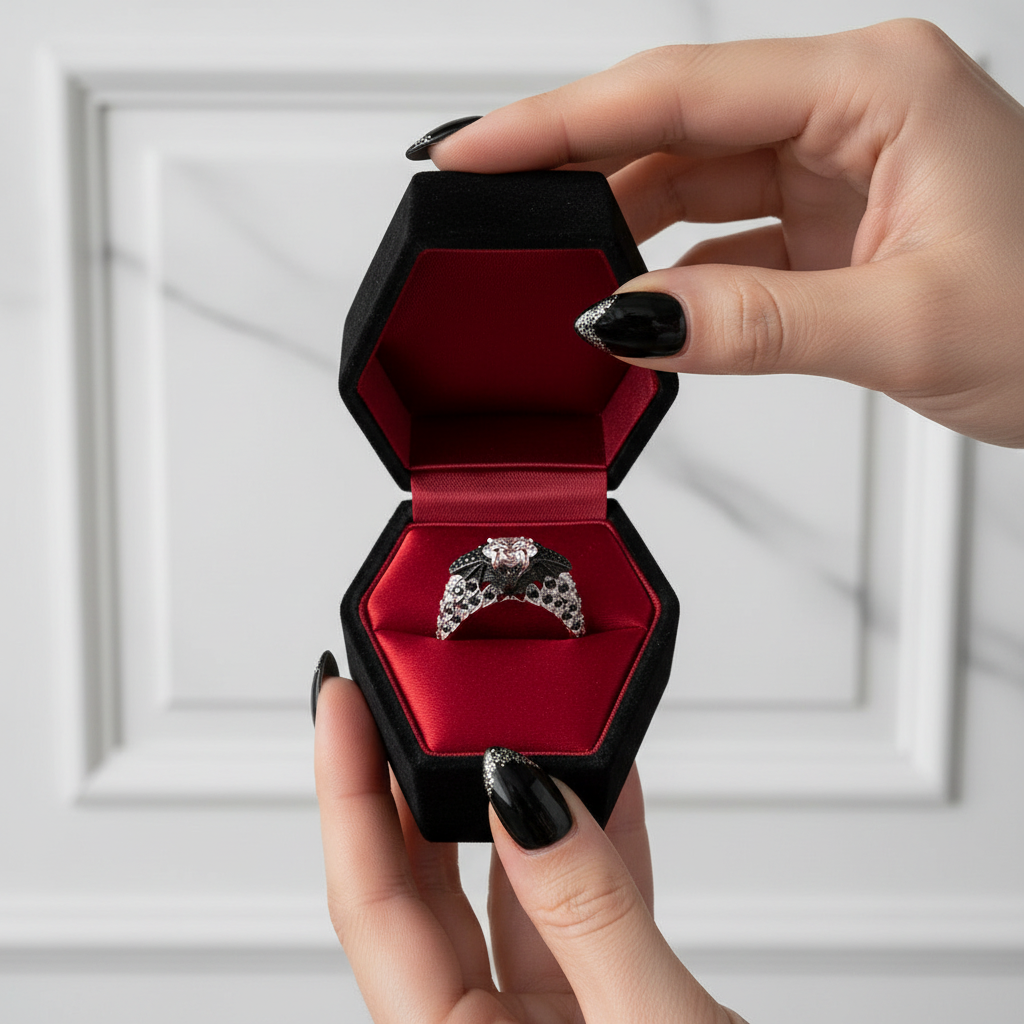 Bat's Kiss Promise Ring- 1.5 Ct Round and Coffin Cut Diamond Gothic Ring-Black Diamonds New York