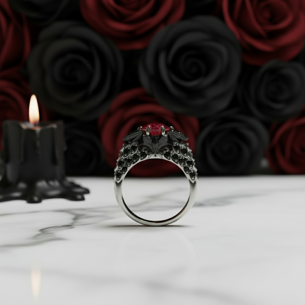 Bat's Kiss Promise Ring- 1.5 Ct Round and Coffin Cut Diamond Gothic Ring-Black Diamonds New York