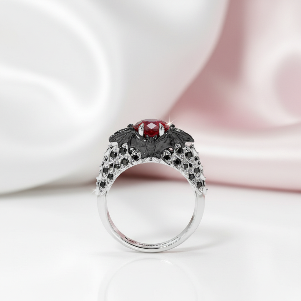 Bat's Kiss Promise Ring- 1.5 Ct Round and Coffin Cut Diamond Gothic Ring-Black Diamonds New York