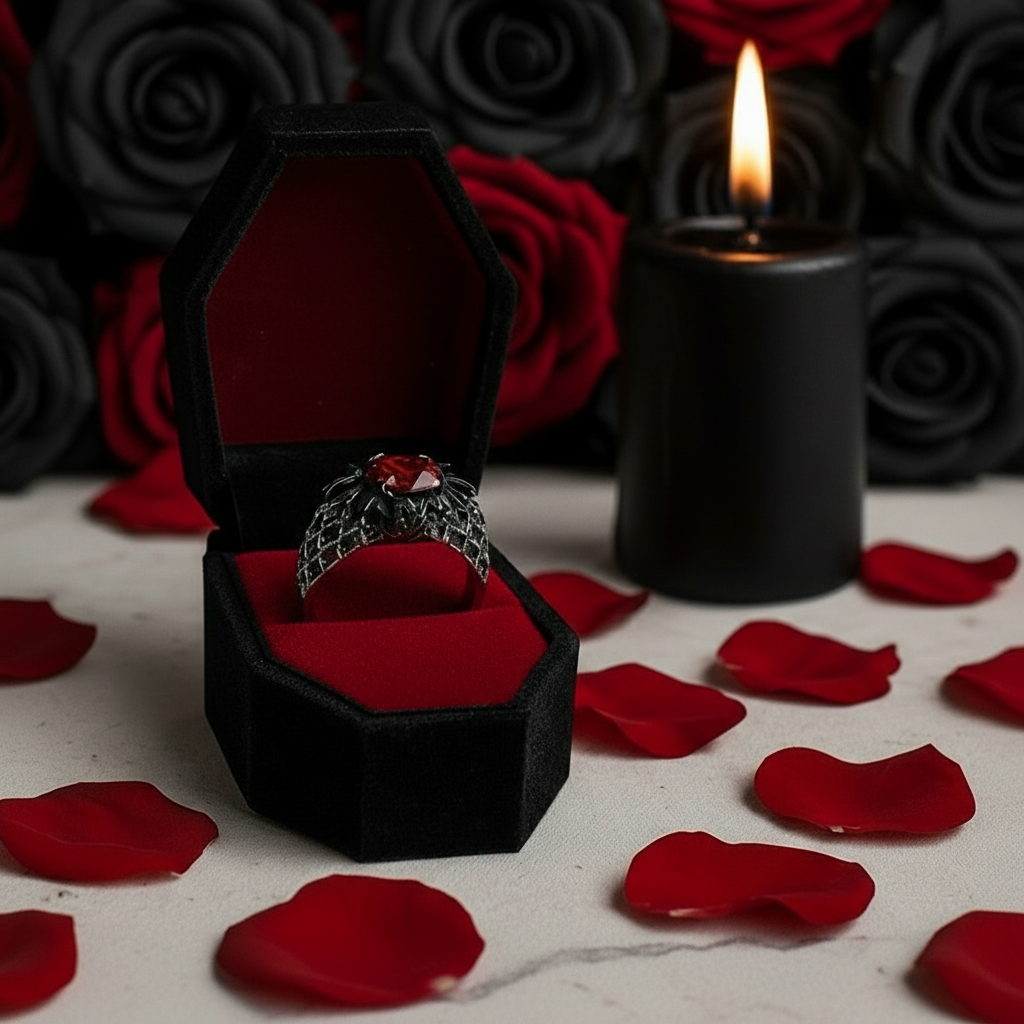 Bat's Kiss Promise Ring- 1.5 Ct Round and Coffin Cut Diamond Gothic Ring-Black Diamonds New York