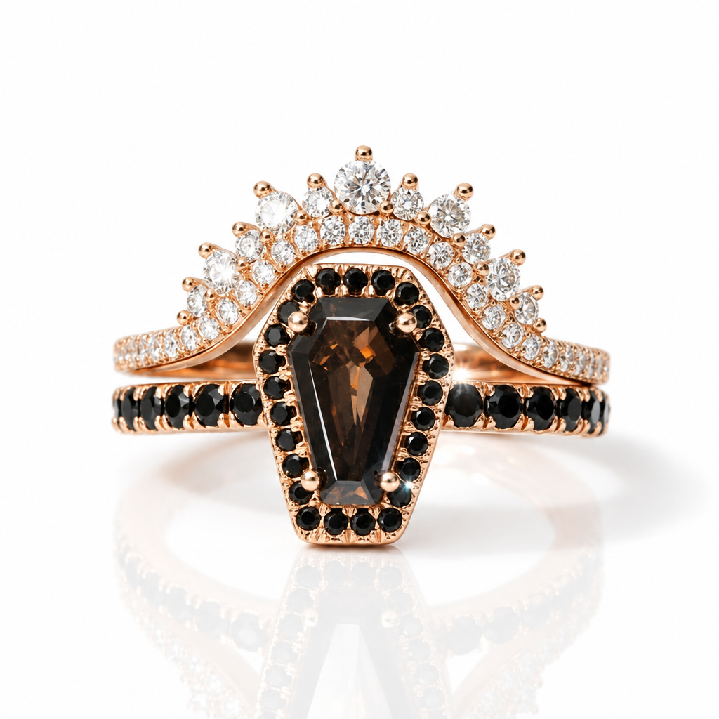 Best Love Rings- Rare Coffin Cut Diamond Option 14k Gold Gothic Ring Set-Black Diamonds New York