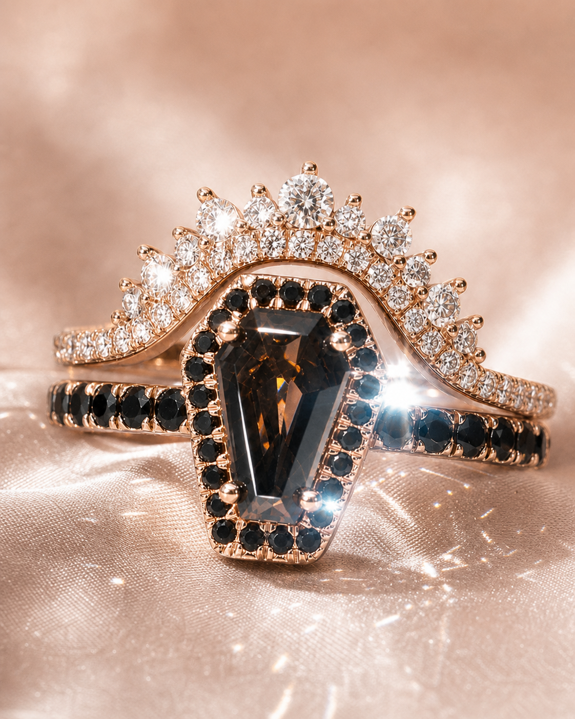 Best Love Rings- Rare Coffin Cut Diamond Option 14k Gold Gothic Ring Set-Black Diamonds New York