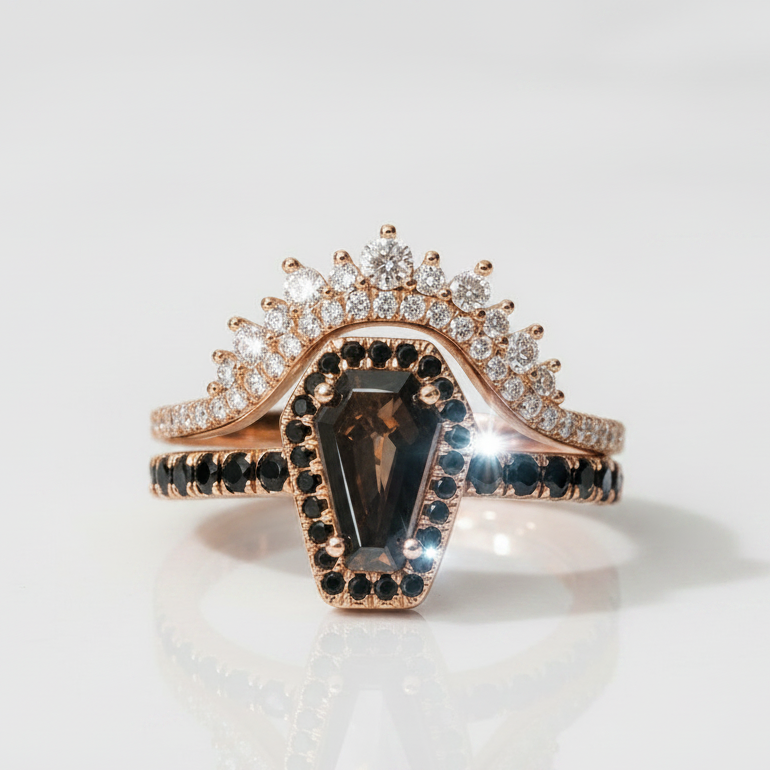 Best Love Rings- Rare Coffin Cut Diamond Option 14k Gold Gothic Ring Set-Black Diamonds New York