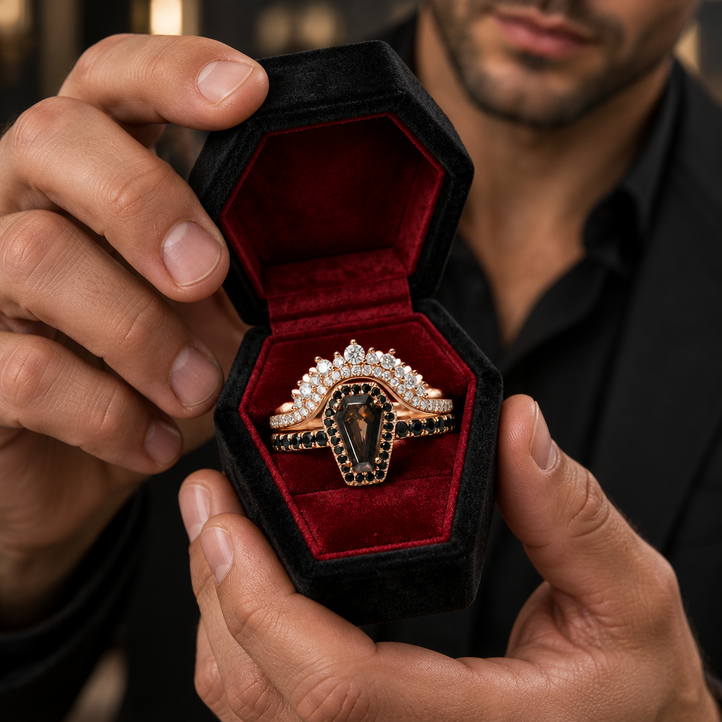 A close-up lifestyle shot of a man holding an open black velvet ring box with a red velvet interior, showcasing a gold ring with a coffin-shaped black center and diamond accents.