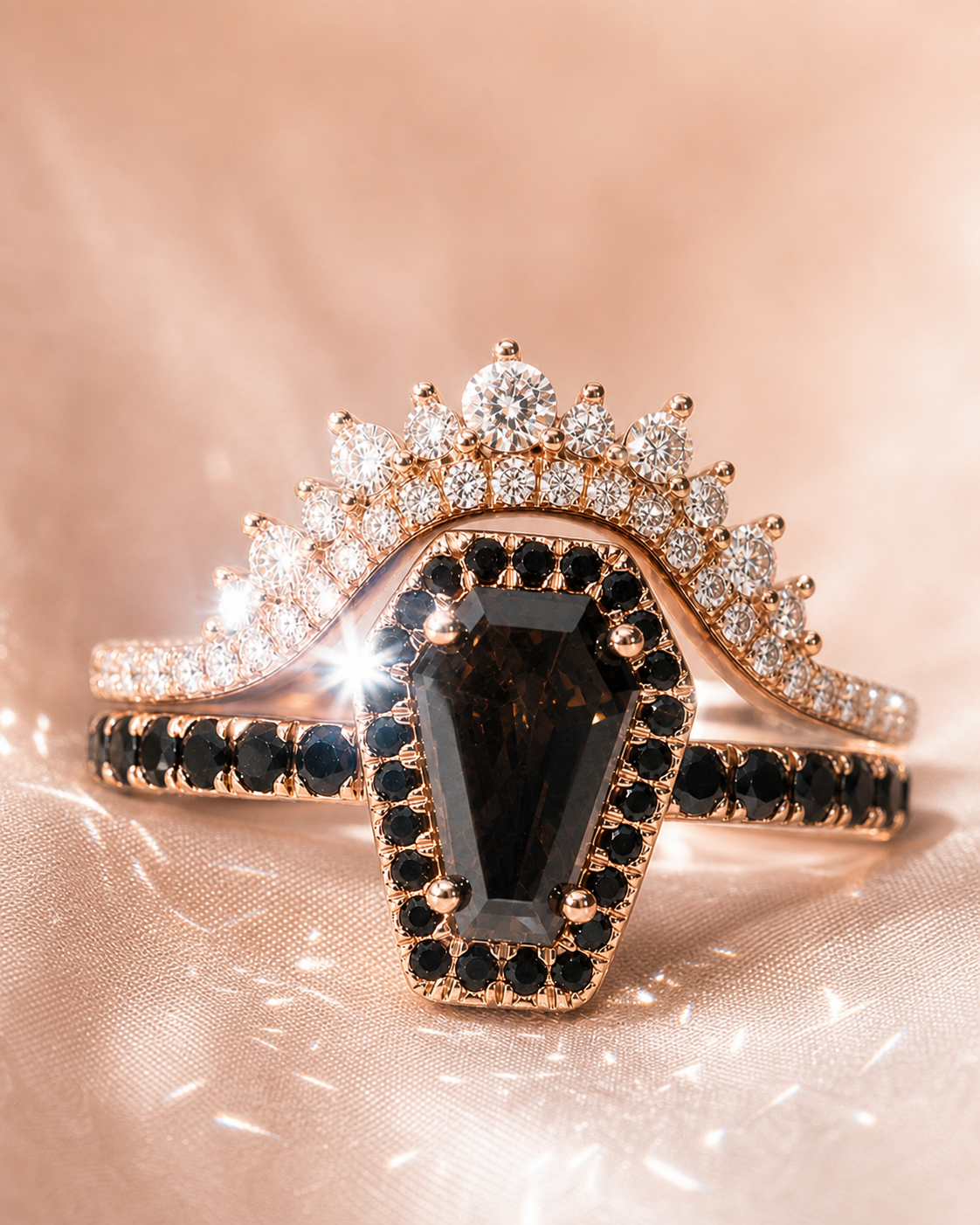Best Love Rings- Rare Coffin Cut Diamond Option 14k Gold Gothic Ring Set-Black Diamonds New York