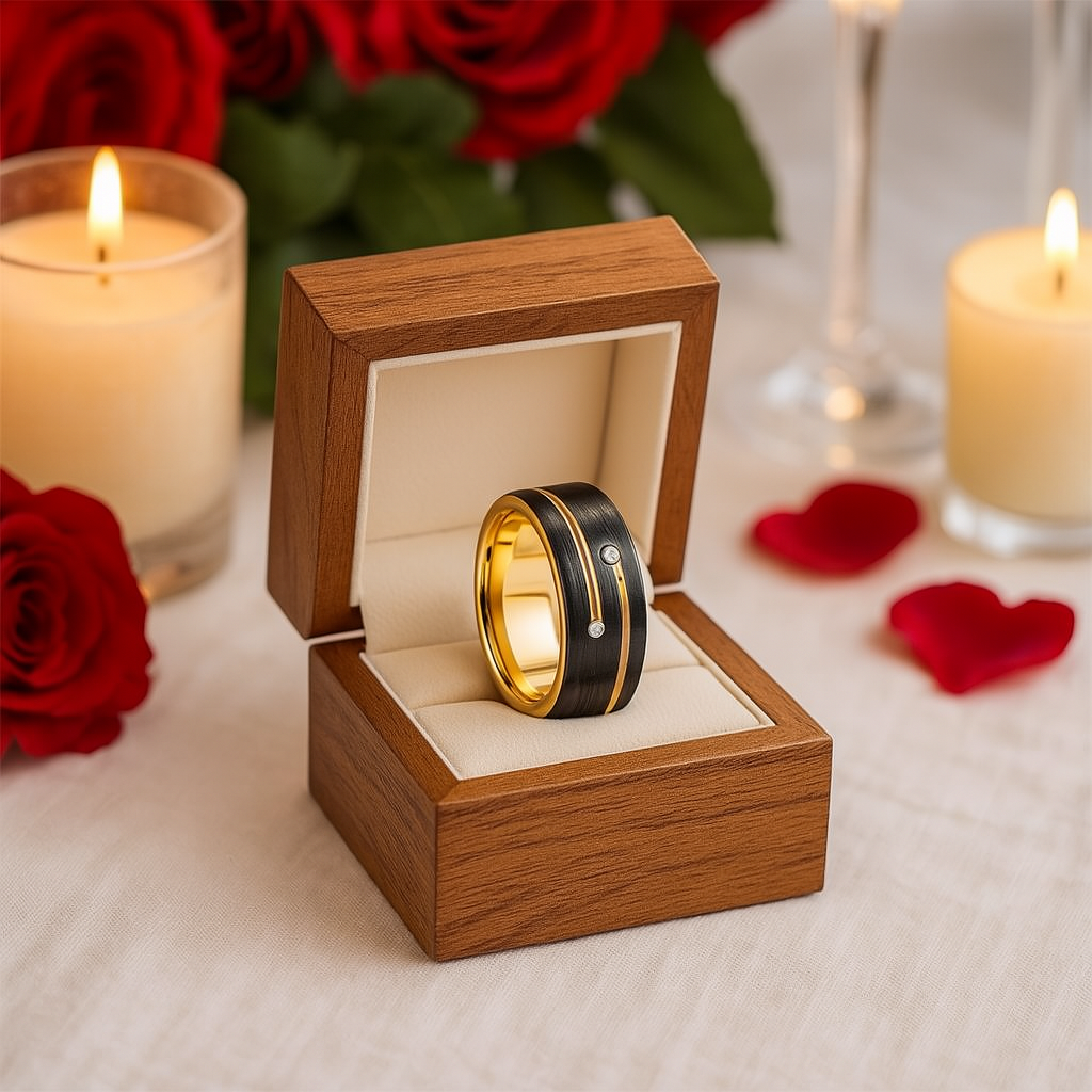 Men's Wedding Band Tungsten Carbide Black with Rose Gold Line
