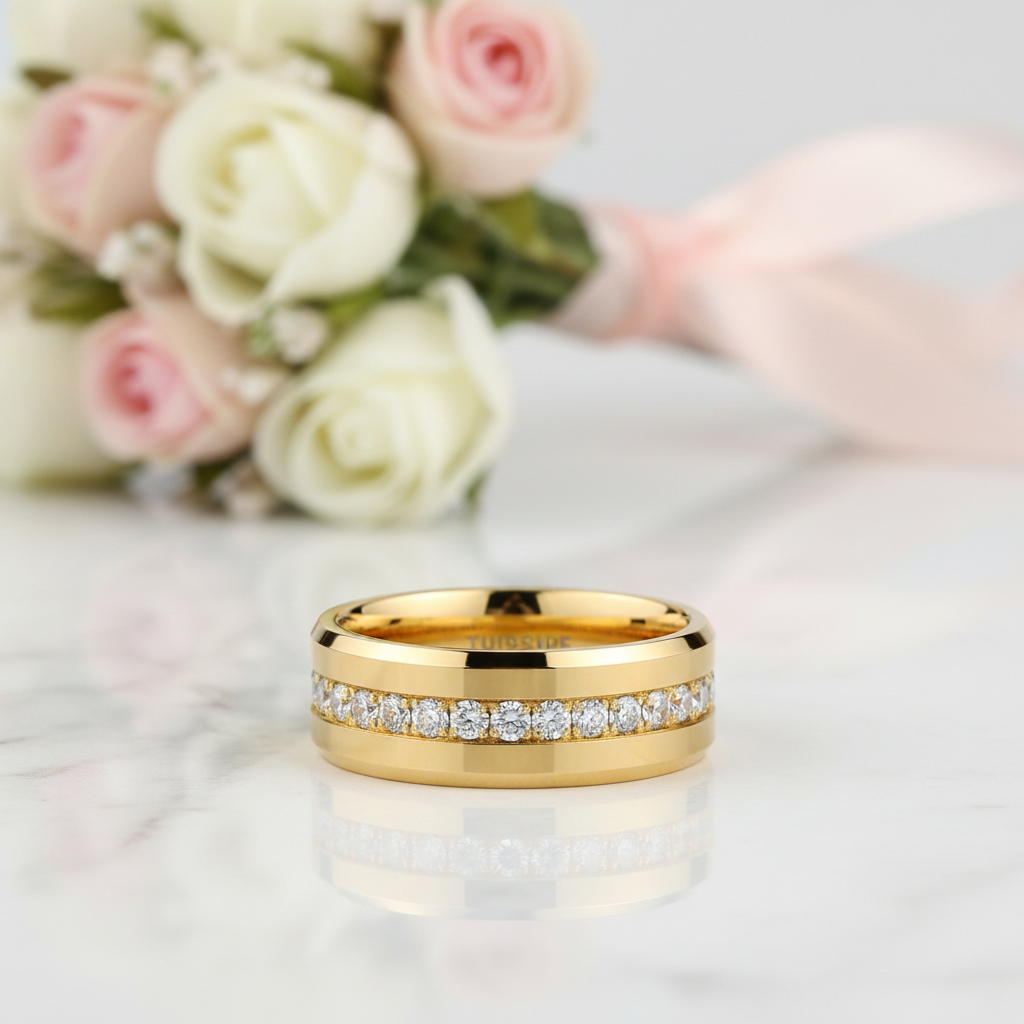 Diamond Option Inlay Beveled Edges Black 10k Gold Men's Wedding Band-Black Diamonds New York