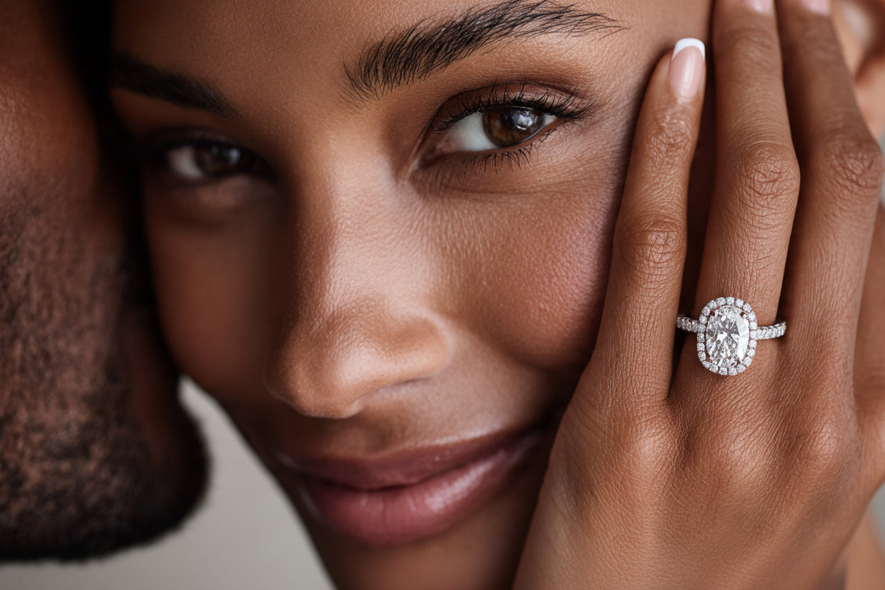 Woman wearing a diamond ring with a blurred background