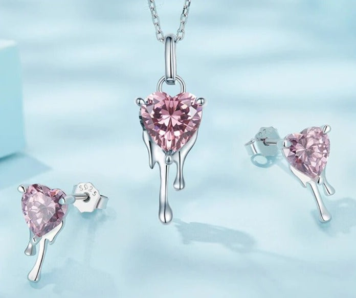 Heart-Cut EVN Stone with Drip Design Necklace & Earrings Jewelry Set-Black Diamonds New York