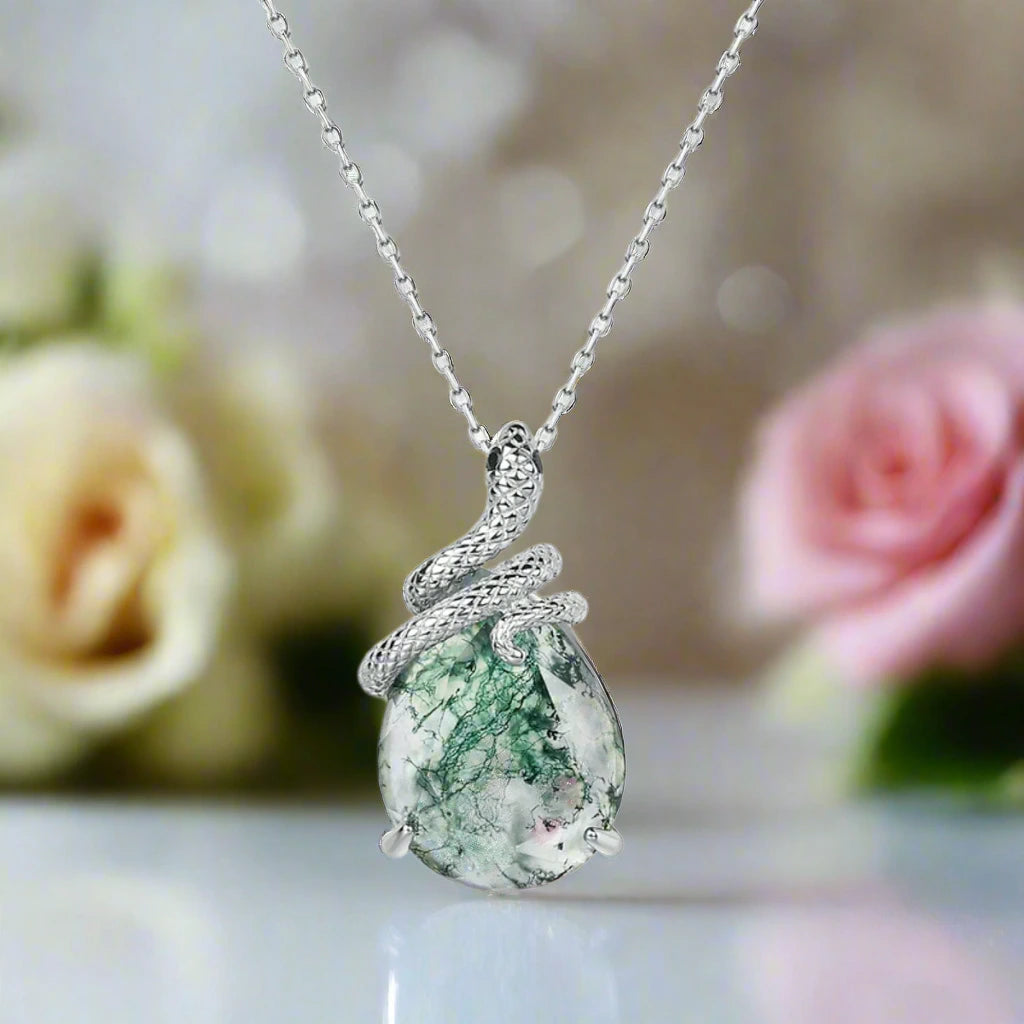 Oval Cut Green Moss Agate Snake Necklace-Black Diamonds New York