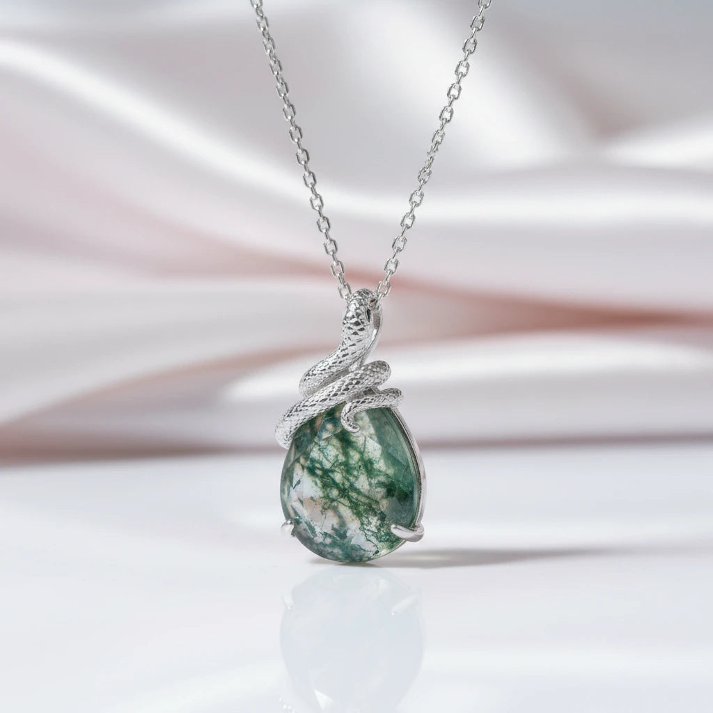 Oval Cut Green Moss Agate Snake Necklace-Black Diamonds New York