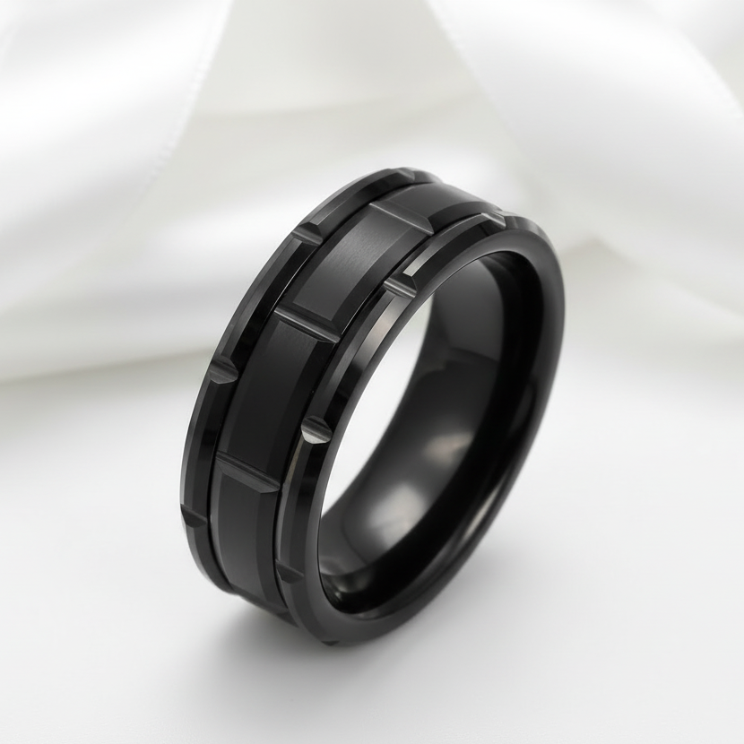 8mm Tungsten Brick Pattern Brushed Ring-Black Diamonds New York