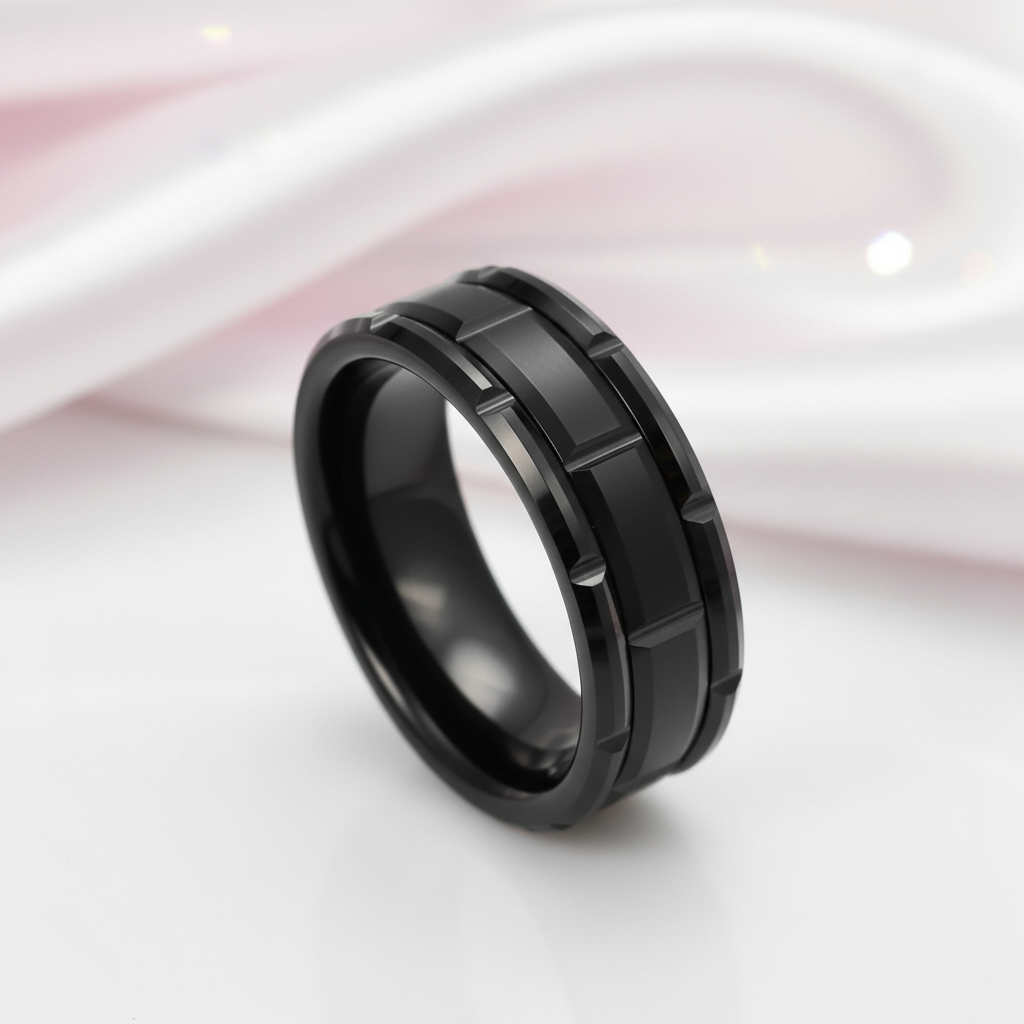 8mm Tungsten Brick Pattern Brushed Ring-Black Diamonds New York