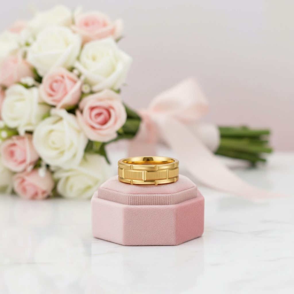 A gold ring with a geometric block pattern sits on a small pink velvet jewelry display stand. The setup is styled with a bouquet of white and pink roses in the background on a light marble surface.