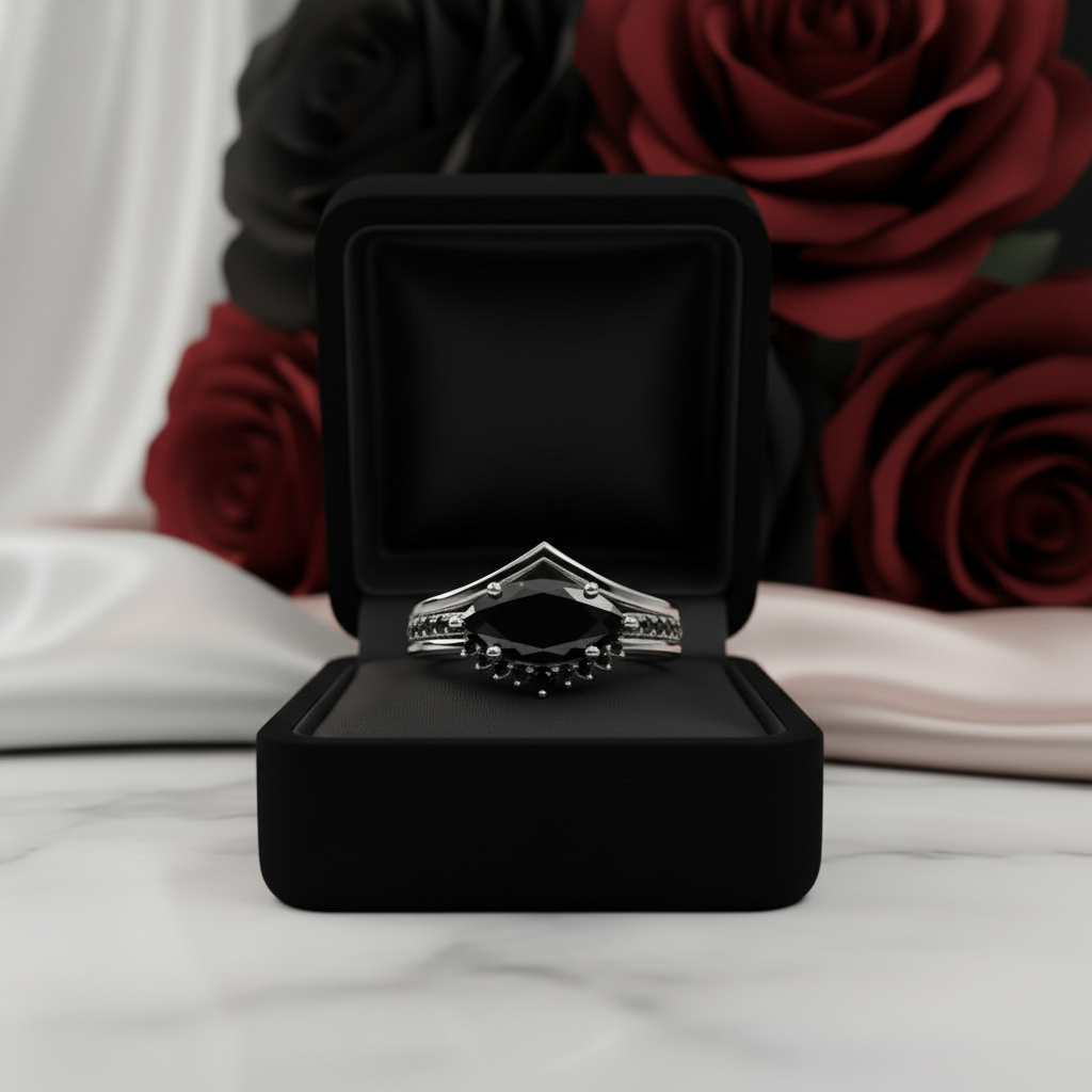 Beautiful In My Eyes- Black Diamond Option Marquise Cut 14K White Gold Gothic Wedding Ring-Black Diamonds New York
