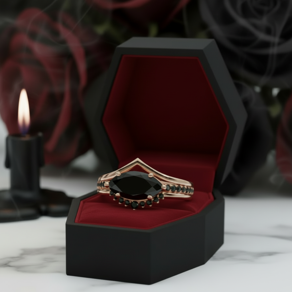 Beautiful In My Eyes- Black Diamond Option Marquise Cut 14K White Gold Gothic Wedding Ring-Black Diamonds New York