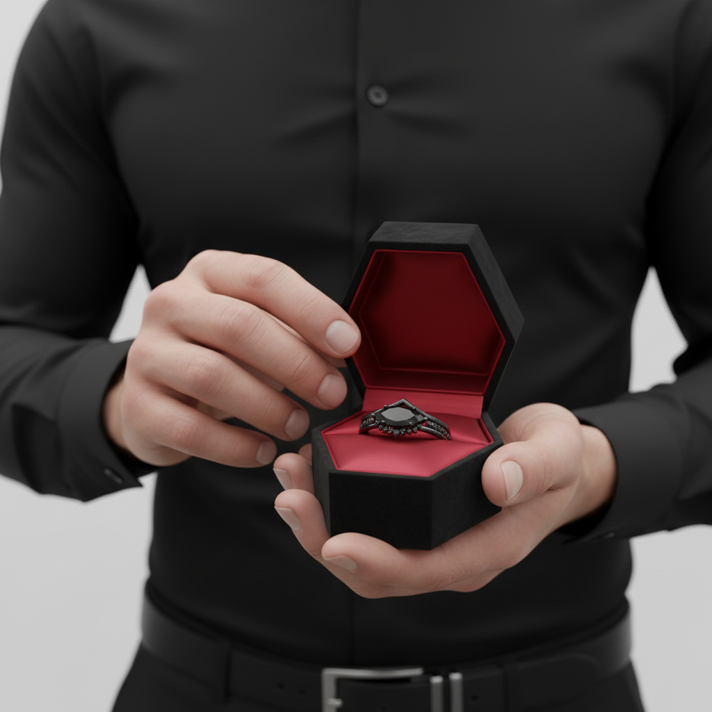 Beautiful In My Eyes- Black Diamond Option Marquise Cut 14K White Gold Gothic Wedding Ring-Black Diamonds New York