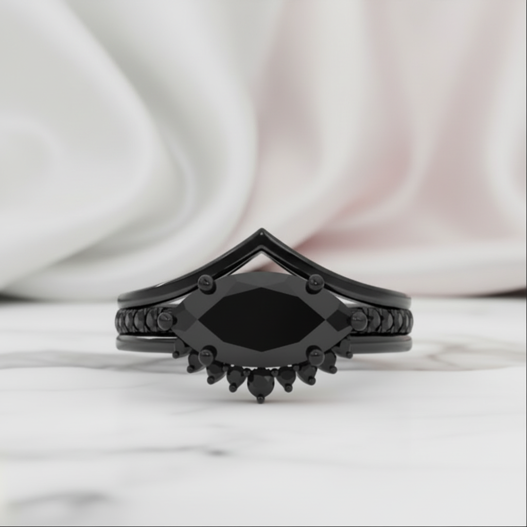 Beautiful In My Eyes- Black Diamond Option Marquise Cut 14K White Gold Gothic Wedding Ring-Black Diamonds New York