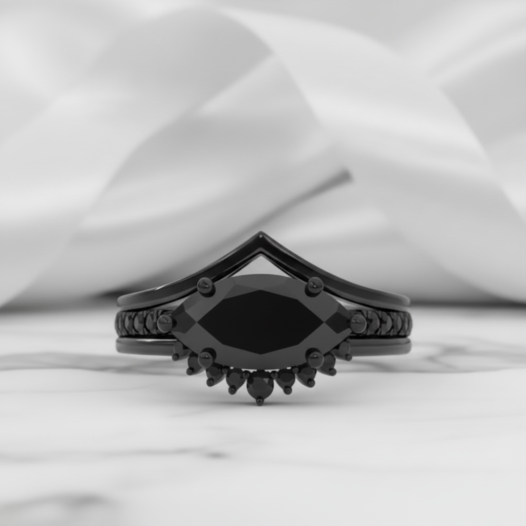 Beautiful In My Eyes- Black Diamond Option Marquise Cut 14K White Gold Gothic Wedding Ring-Black Diamonds New York