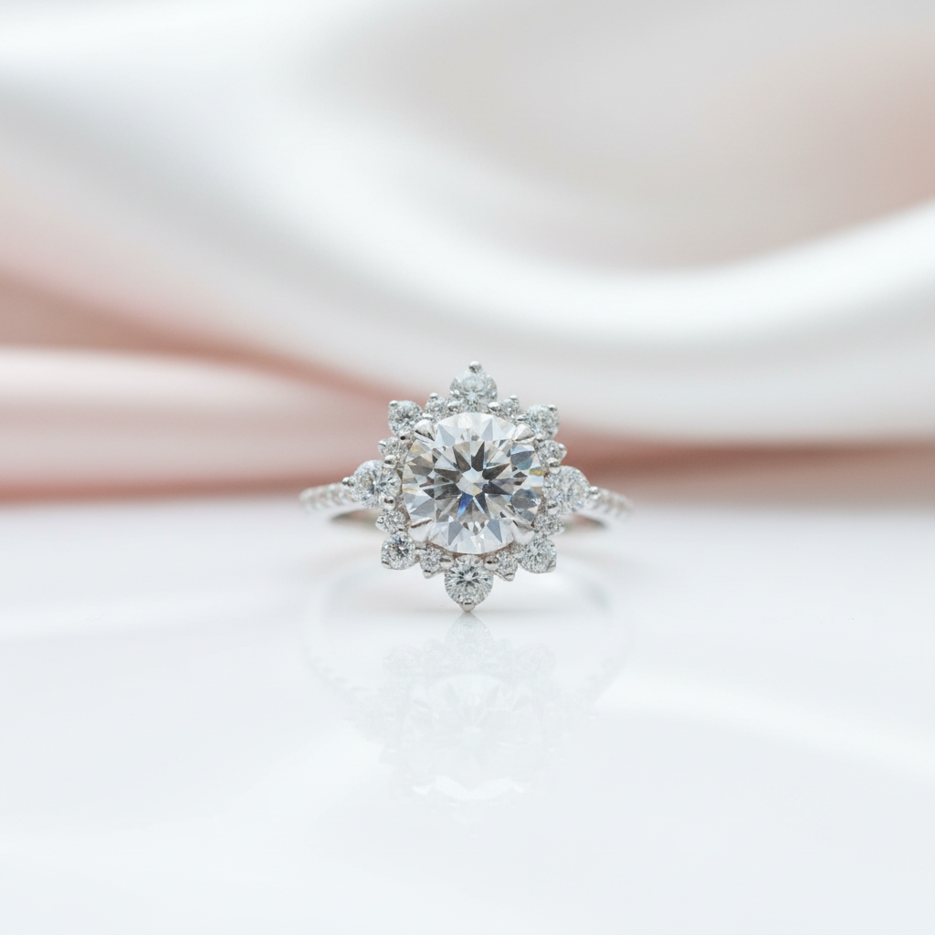 Beautiful Snowflake Design Halo Round Cut Engagement Ring-Black Diamonds New York