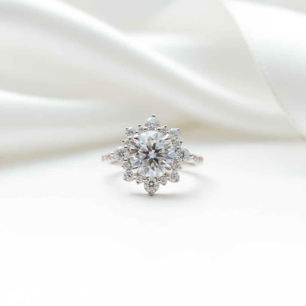 Beautiful Snowflake Design Halo Round Cut Engagement Ring-Black Diamonds New York