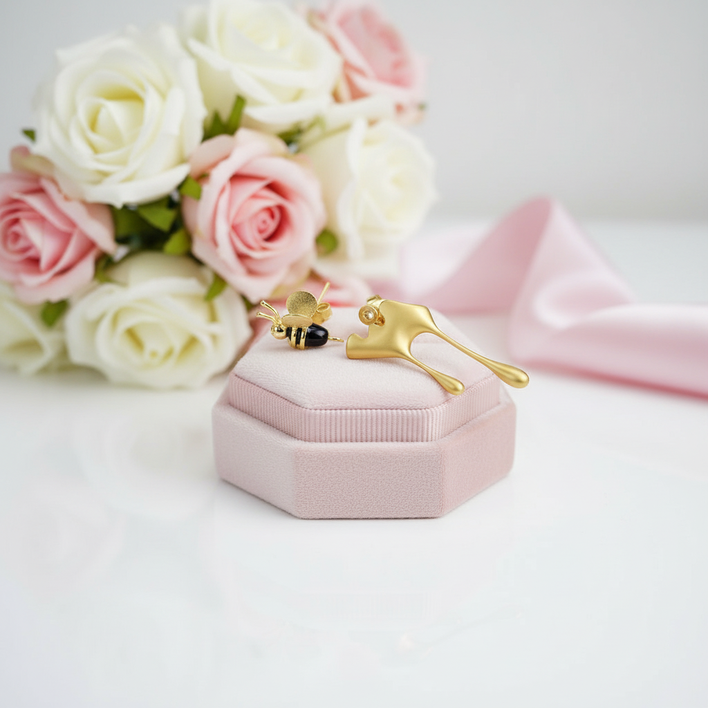 Bee & Dripping Honey Asymmetric Stud Earrings-Black Diamonds New York