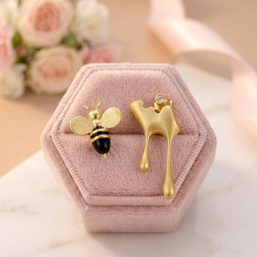 Bee & Dripping Honey Asymmetric Stud Earrings-Black Diamonds New York