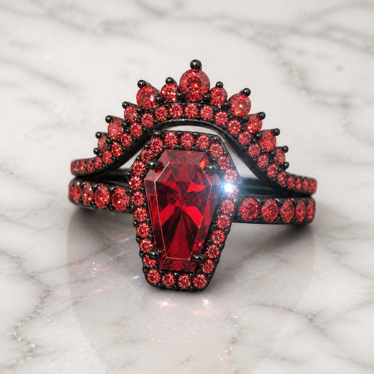 Best Love Rings- Rare Coffin Cut Diamond Option 14k Gold Gothic Ring Set-Black Diamonds New York