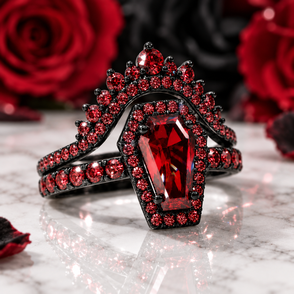 Best Love Rings- Rare Coffin Cut Diamond Option 14k Gold Gothic Ring Set-Black Diamonds New York