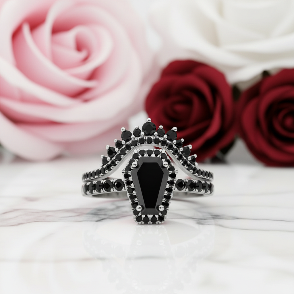 Best Love Rings- Rare Coffin Cut Diamond 14k Gold Gothic Ring Set-Black Diamonds New York