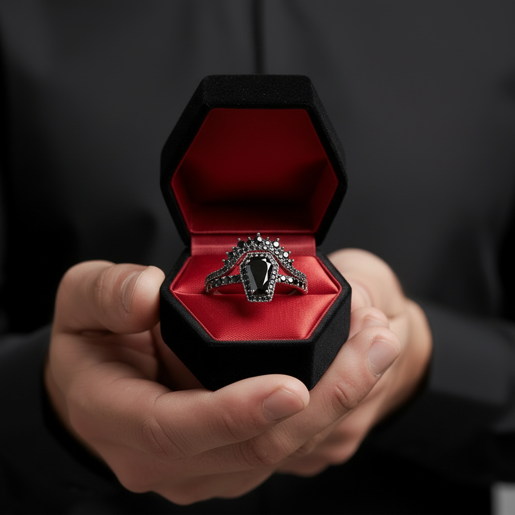 Best Love Rings- Rare Coffin Cut Diamond 14k Gold Gothic Ring Set-Black Diamonds New York