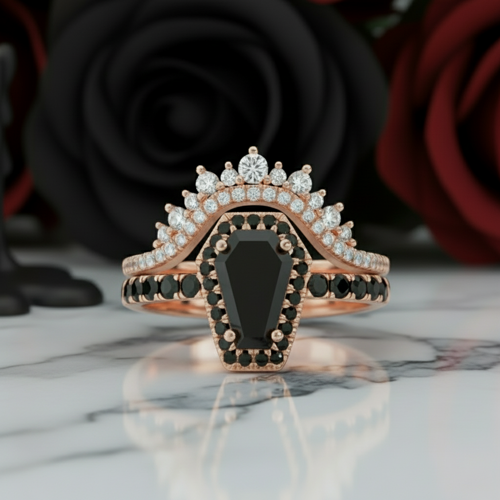 Best Love Rings- Rare Coffin Cut Diamond Option 14k Gold Gothic Ring Set-Black Diamonds New York