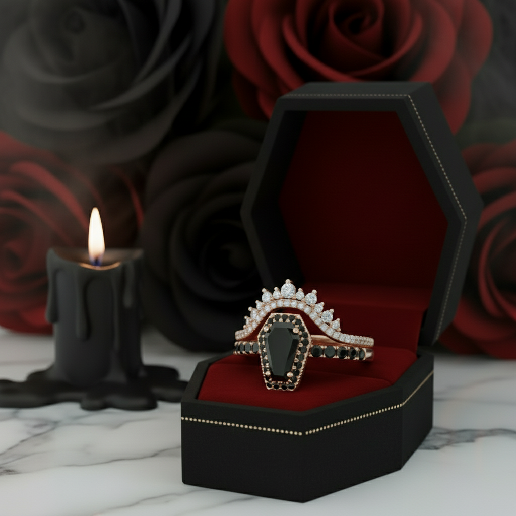 Best Love Rings- Rare Coffin Cut Diamond Option 14k Gold Gothic Ring Set-Black Diamonds New York