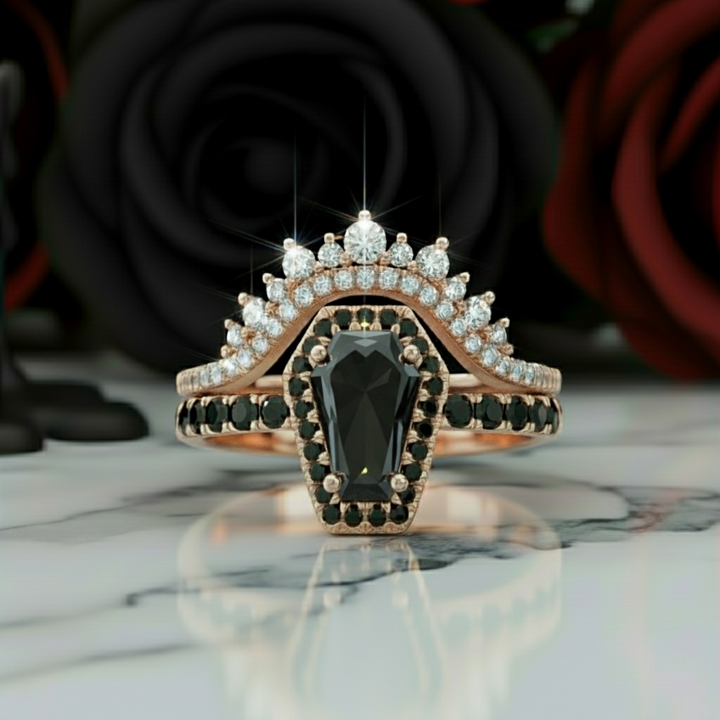 Best Love Rings- Rare Coffin Cut Diamond Option 14k Gold Gothic Ring Set-Black Diamonds New York