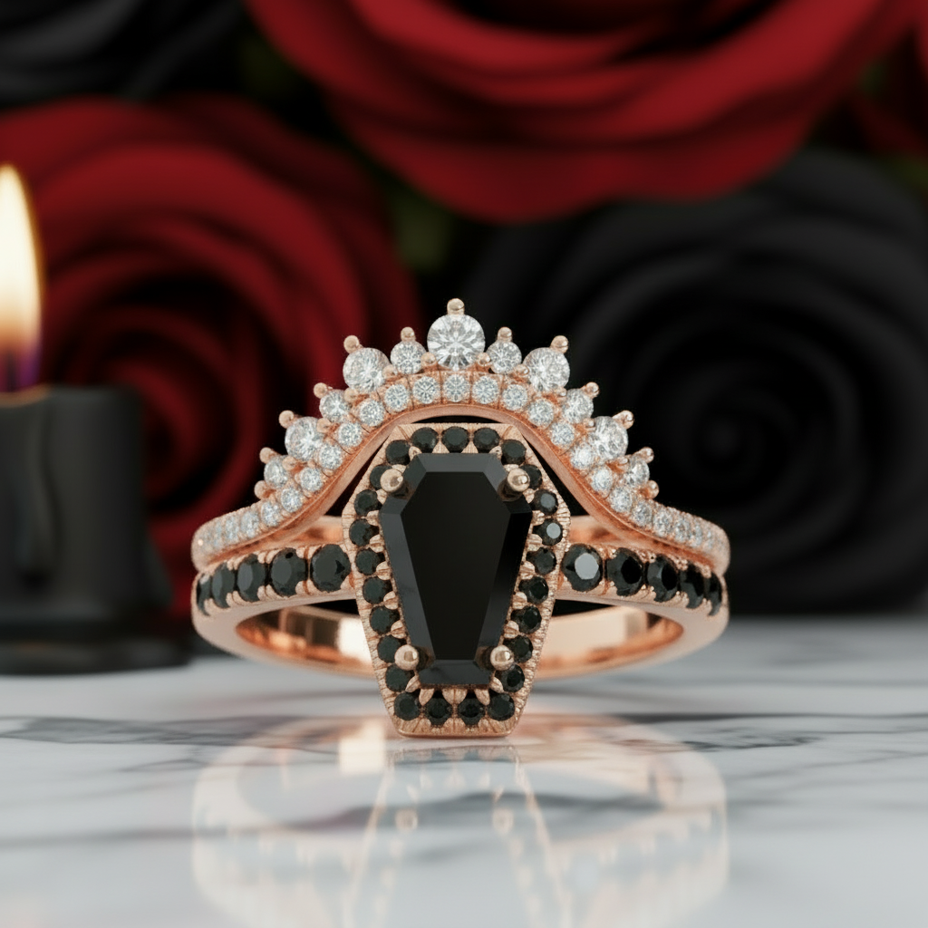 Best Love Rings- Rare Coffin Cut Diamond 14K Gold Gothic Ring Set-Black Diamonds New York